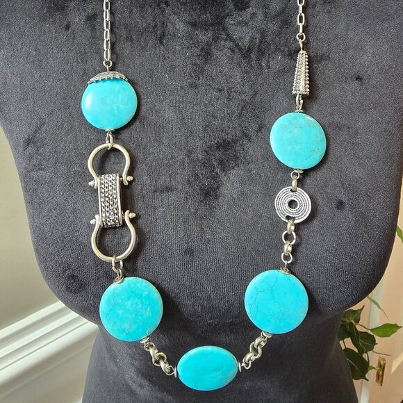 Womens Green Turquoise Beaded Silver Tone Chain Necklace with Lobster Clasp - Picture 1 of 8